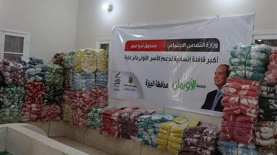 شاهد..«الجيزة» تتسلم 22 سيارة محملة بالمواد الغذائية والملابس وأجهزة الغسيل الكلوي لتوزيعها علي هؤلاء