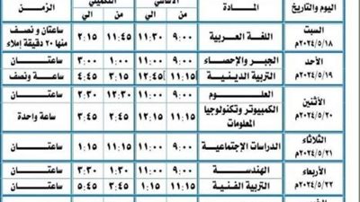 ننشر جدول امتحانات الشهادة الإعدادية 2024 في 5 محافظات
