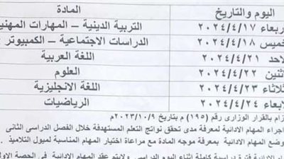 ننشر جدول امتحانات المهام الأدائية والتقييم التشخيصي للصفوف من الأول حتى السادس الإبتدائي