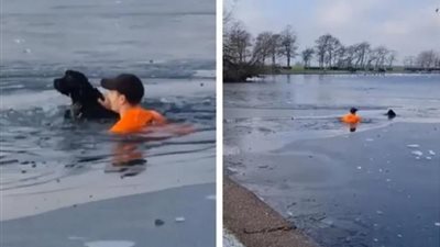 لإنقاذ كلب من المياه المتجمدة.. حكاية شاب أشعل السوشيال ميديا بشهامته