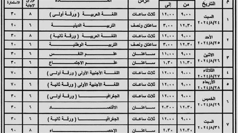 جدول امتحانات الثانوية