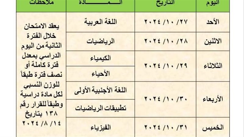 جدول امتحانات شهر