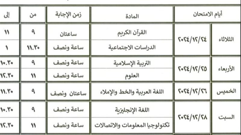 جدول امتحانات الترم