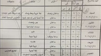 جدول امتحانات الصف الثالث الاعدادي 2025 محافظة قنا