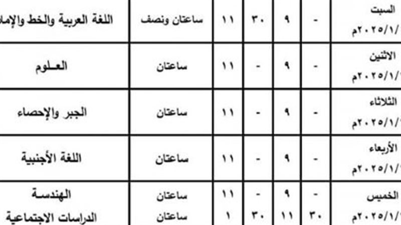 جدول امتحانات الصف