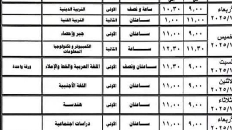 جدول امتحانات الصف