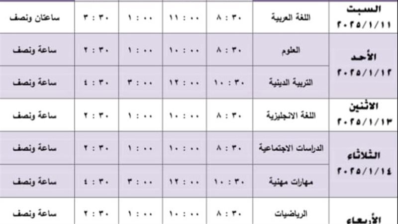 جدول امتحانات المرحلة