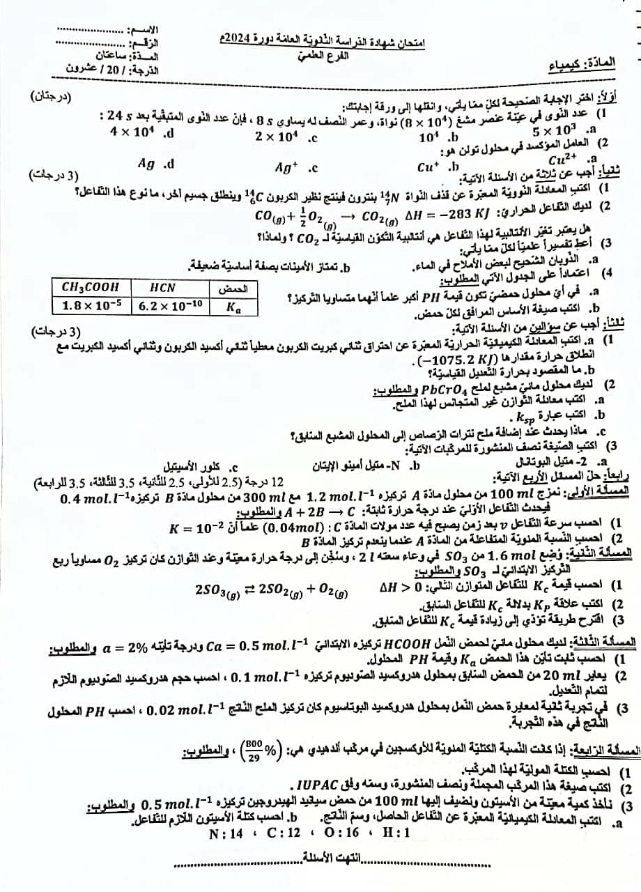 حل امتحان الكيمياء 